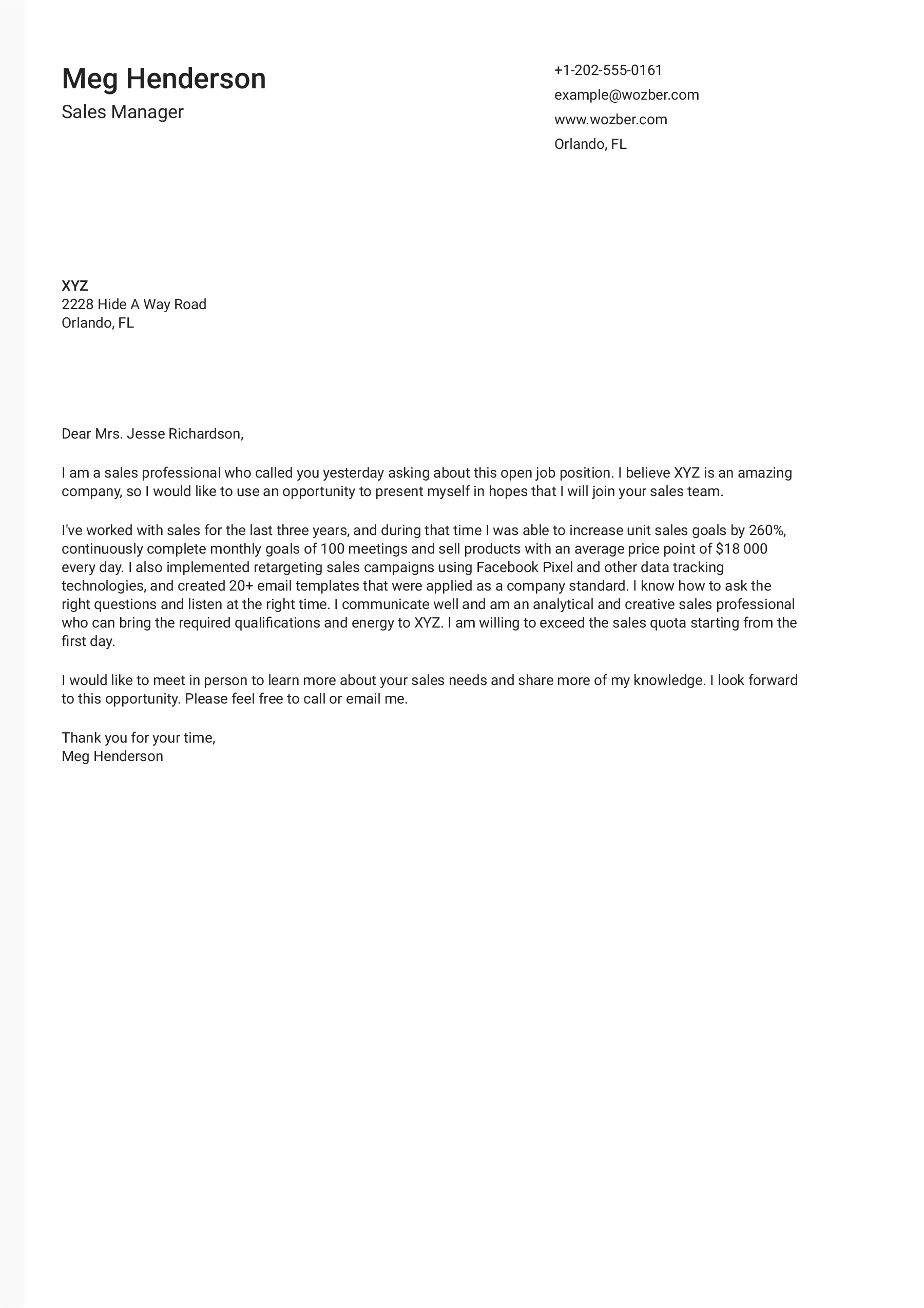 sales project manager cover letter